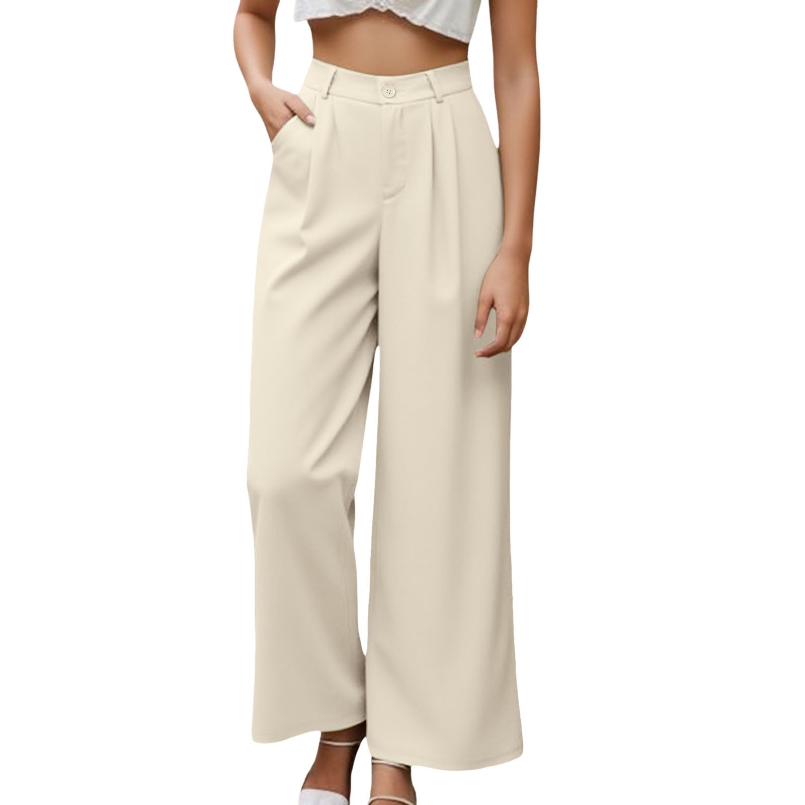 thumbnail image 1 of Pantalones de vestir de mujer de cintura alta y pierna ancha: pantalones informales de negocios con bolsillos, mezcla de poliéster y elastano, ropa de trabajo resistente a las arrugas, 1 of 4